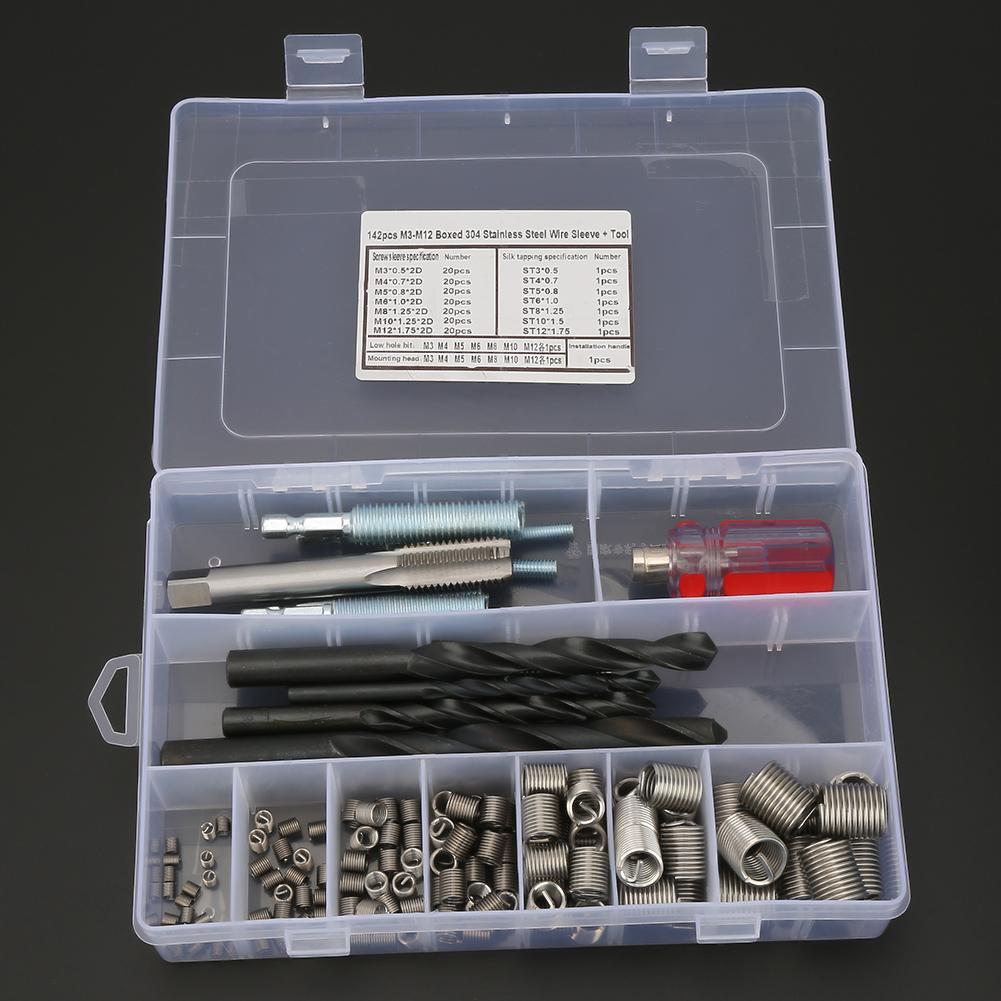 142Pcsset Stainless Steel Wire Screw Sleeve Thread Repair Insert Kit Tool Set