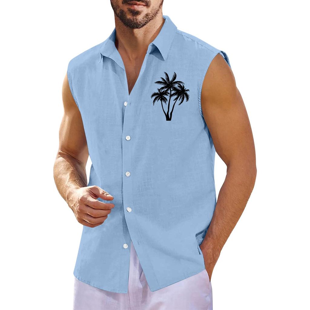Herr Sommar Hawaiianmönstrad Ärmlös Skjorta Herr Lös Revers Ärmlös Knäppskjorta