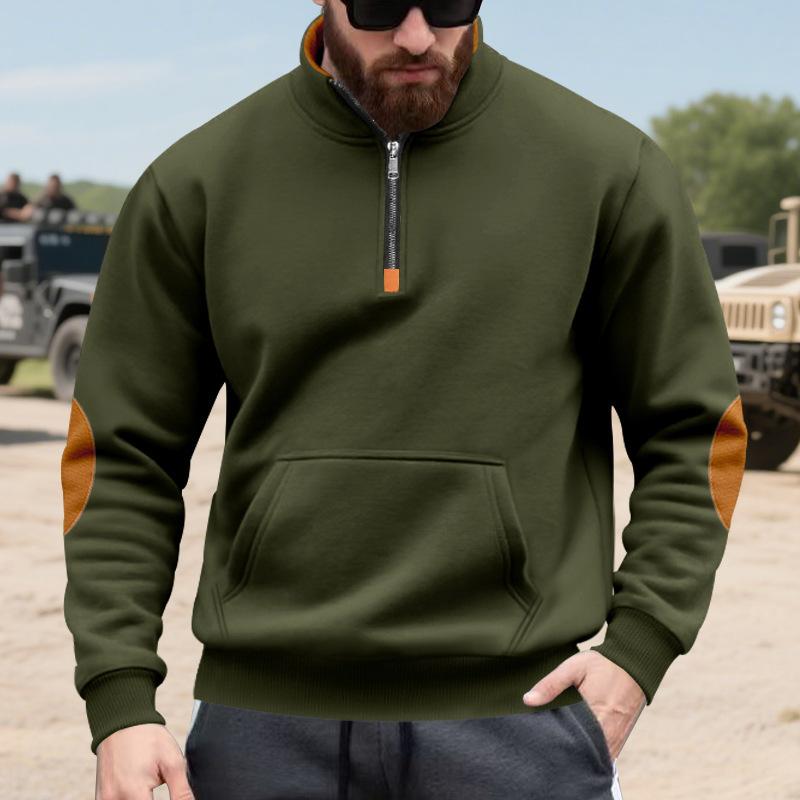Men's Khaki Half-Zip Pullover Sweatshirt with Contrast Shoulder Patch