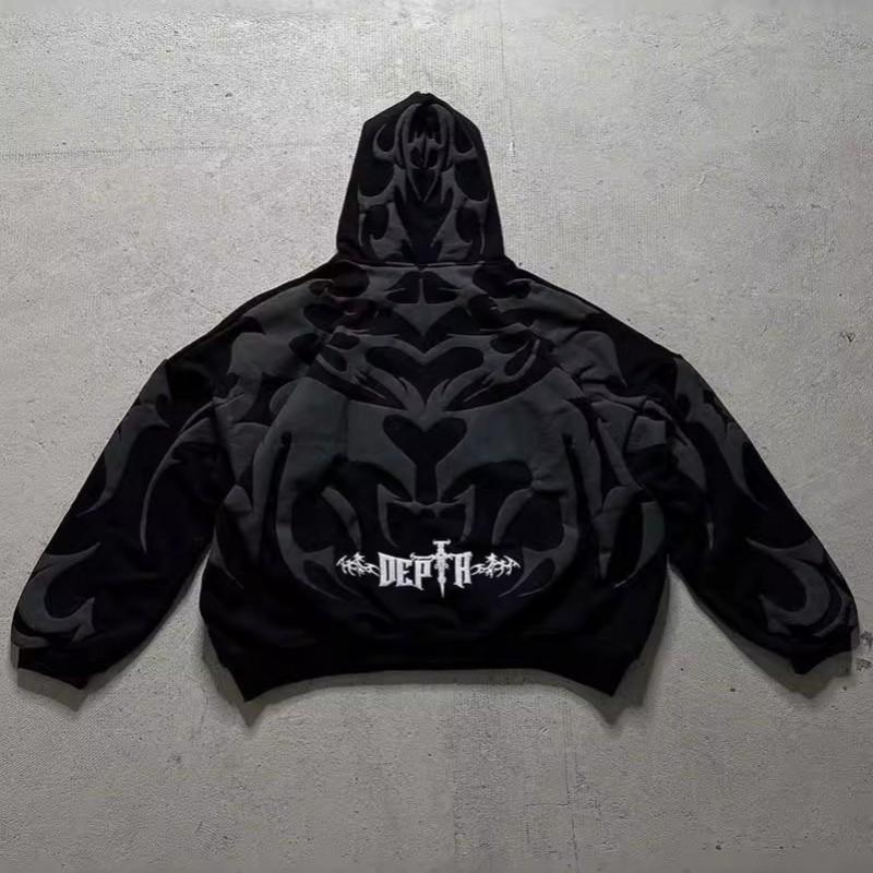 Unisex Streetwear Hooded Zip-Up Sweatshirt With 3D Foil Print Dark Aesthetic Regular Fit