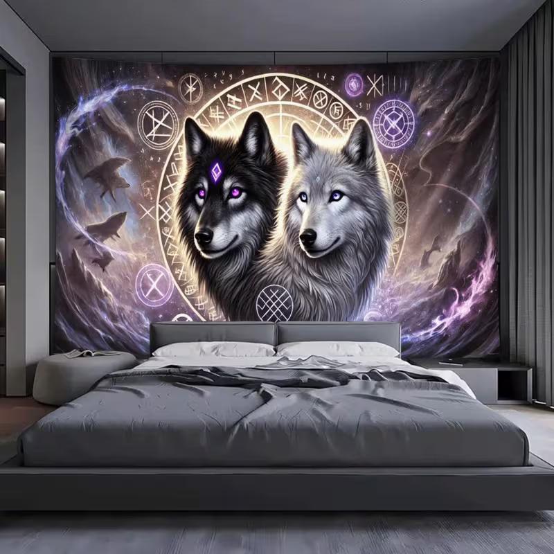 2D Mystical Wolf Tapestry Purple Norse Runes Home Background Decor
