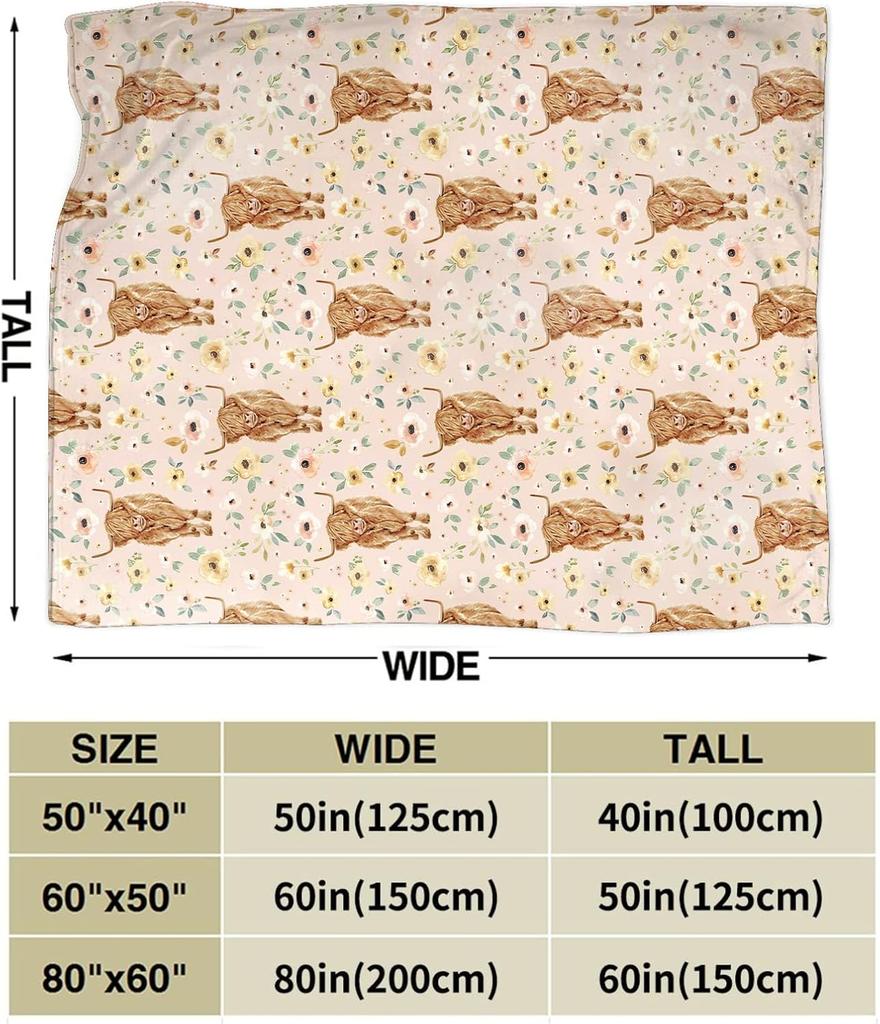 Highland Cow Print Fleece Throw Blanket , Ultra Soft Cozy Gift for Cow Lovers, Cute Animal Blanket for Couch Bed Decor