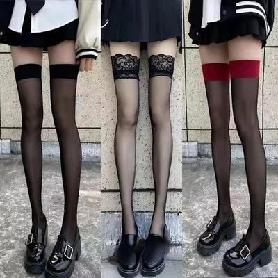 Gothic Lace Transparent Thigh High Stockings Women Punk JK Thin Silk Solid Hosiery Sexy Red Edge New Over The Knee Long Socks