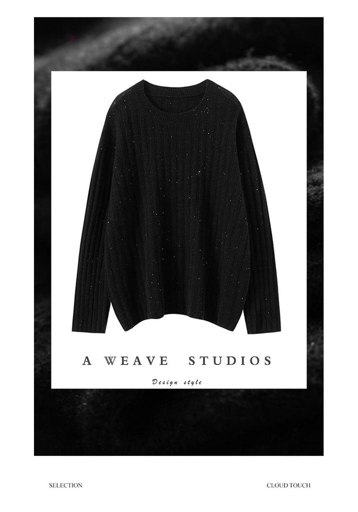Women's Cashmere Round Neck Sweater - Autumn/Winter Soft Knit with Sequins, Long Sleeve Base Layer