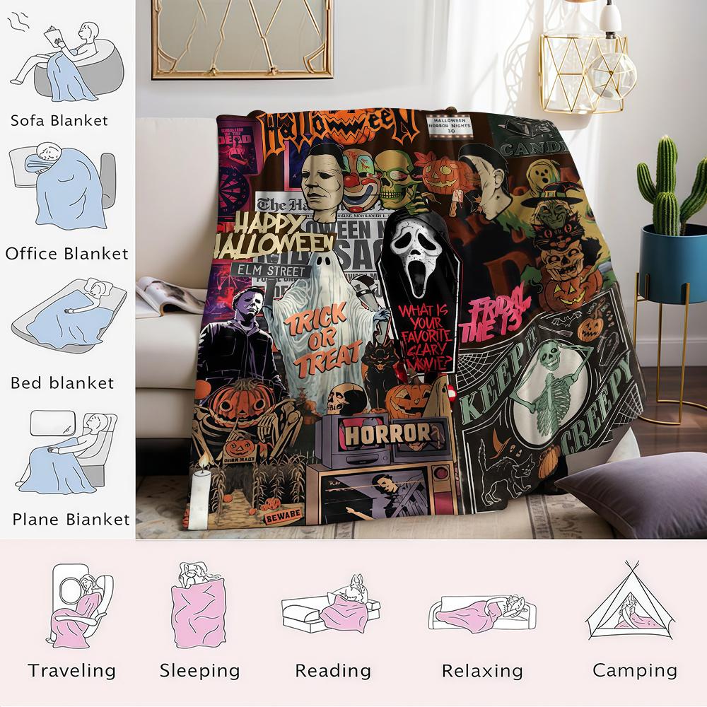 Horror Movie Halloween Flannel Blanket Warm Soft Halloween Christmas Couch Warm Cozy Decorative Decor Gift for All Season