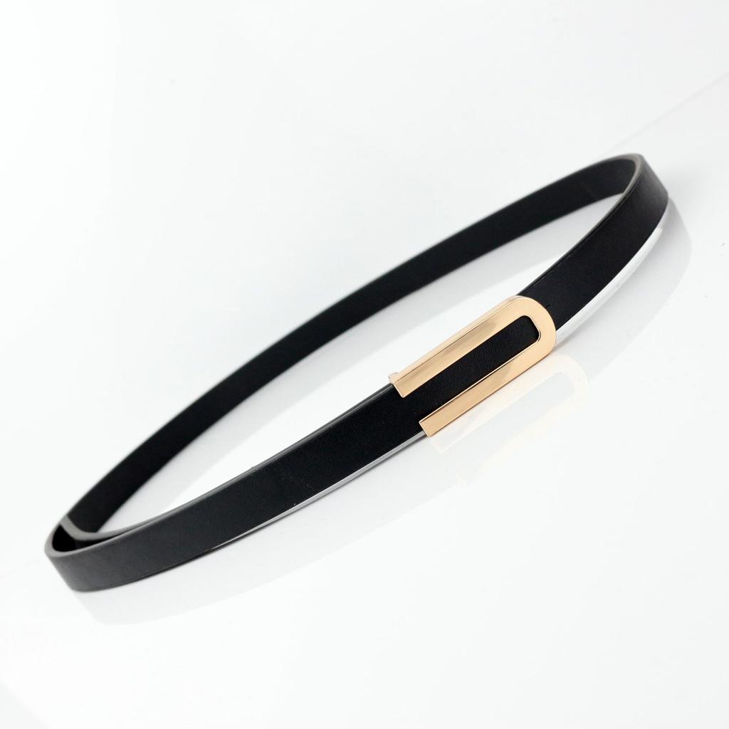 Versatile Black Cowhide Thin Leather Belt for Women: Simple Korean Style Decorative Waist Accessory for Dresses and Suits.