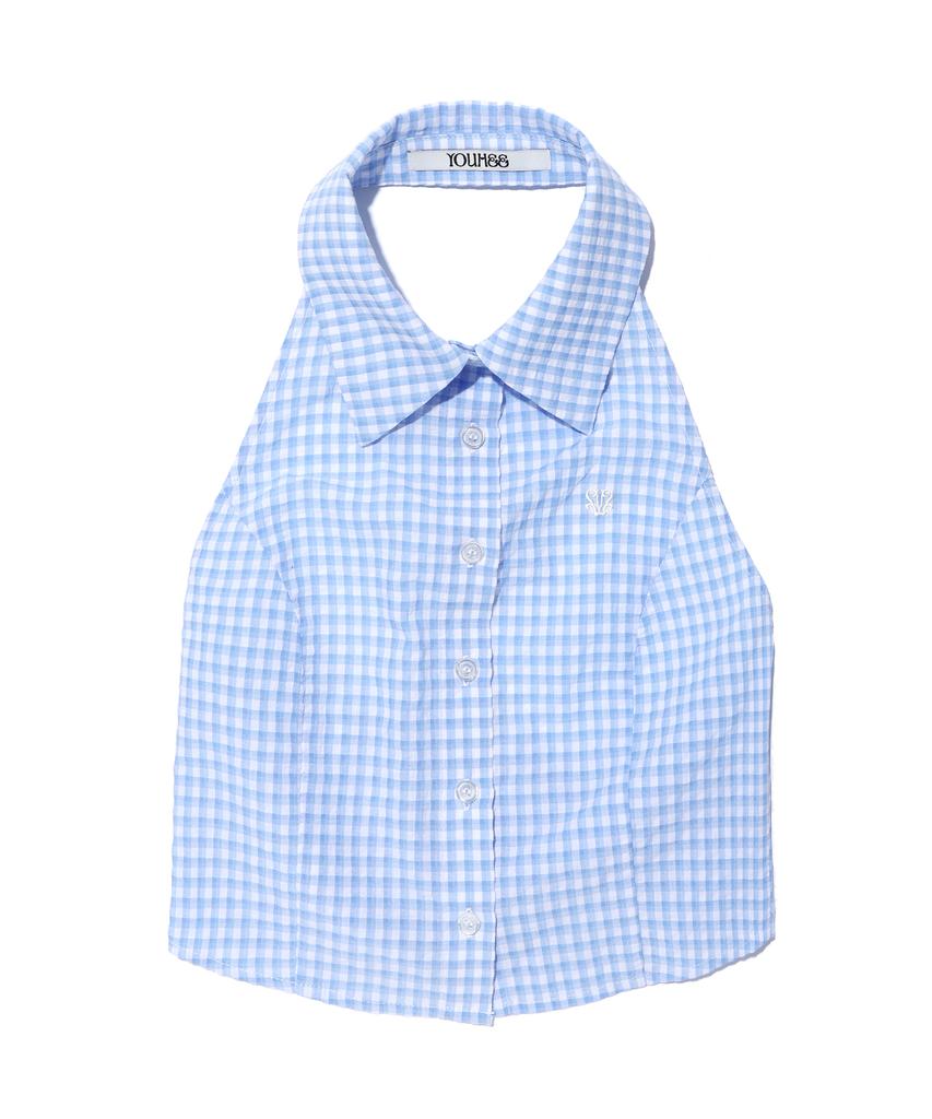 YOUHEE Check Halter Neck Shirts Light Blue