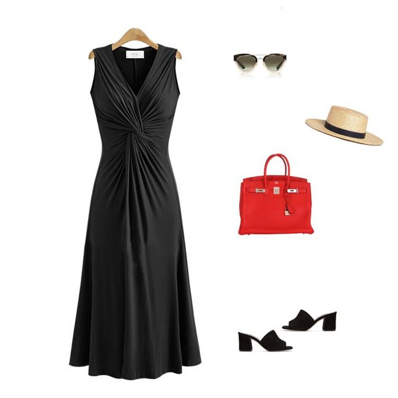 

K-style Chubby Girl Slim Waist Nipped Swing Sleeveless Dress Black XXXXL