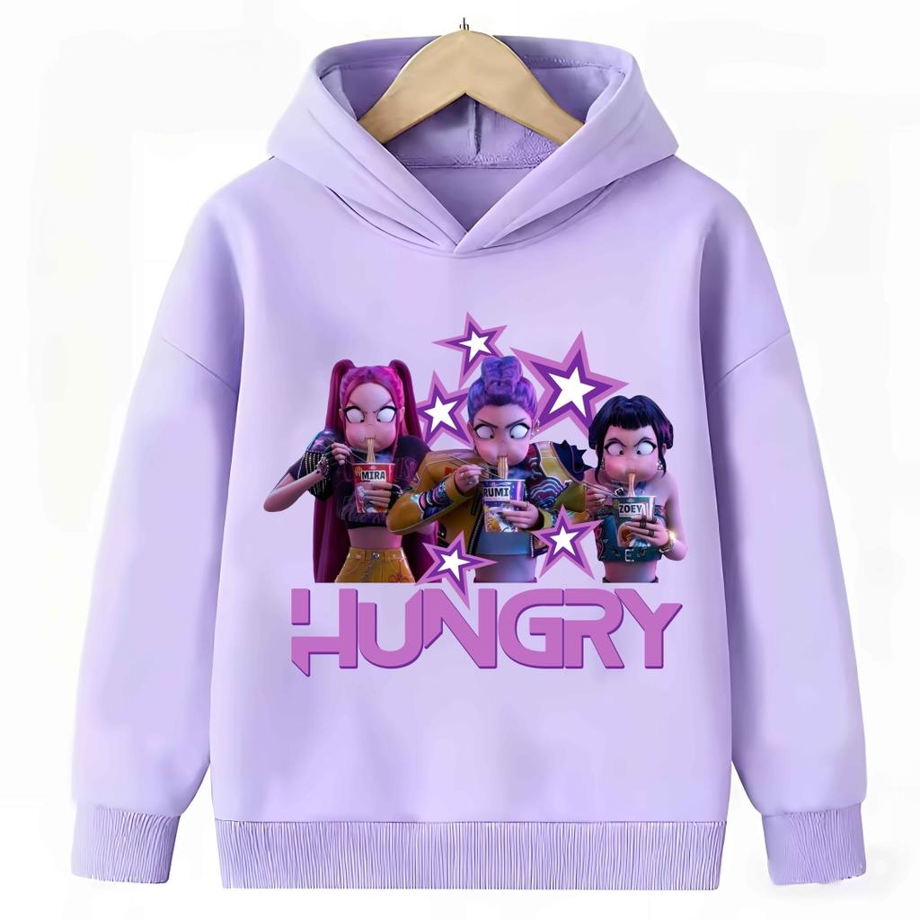 KPop Demon Hunter Cartoon Girls Boy Hooded Sweatshirt Warm Children's Purple Sweatshirt Fashion Casual Tops Girls Clothing