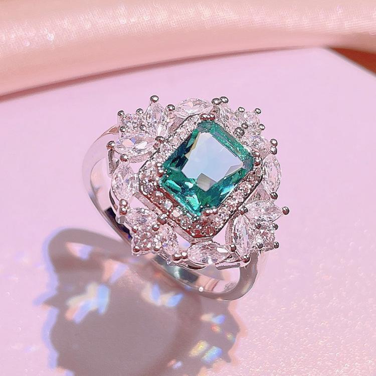 Color Treasure Necklace Female Simulation Emerald Pendant Emerald Ring Three-Piece Jewelry Set