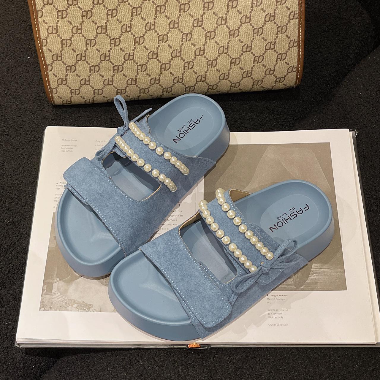 

Cute bow pearl platform slippers women s 2025 summer new fashion casual open-toe cool slippers women 39 синий