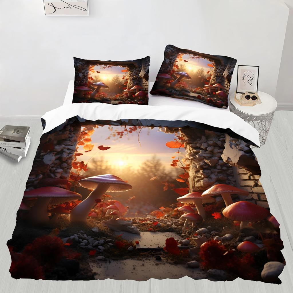Fantasy-Pilz-Bettwäsche-Sets für Kinder Queen Leichte Steppdeckenbezüge Buntes Natürliches Wildpilz-Bettwäsche-Set Schlafzimmerdekoration