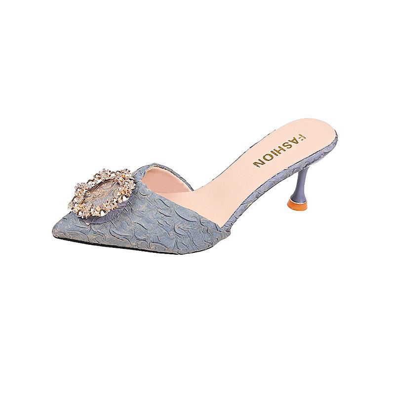 Slippers Women's Summer Wear Half Slippers Women's New Rhinestone High Heels Stiletto Bag Head Sandals Black