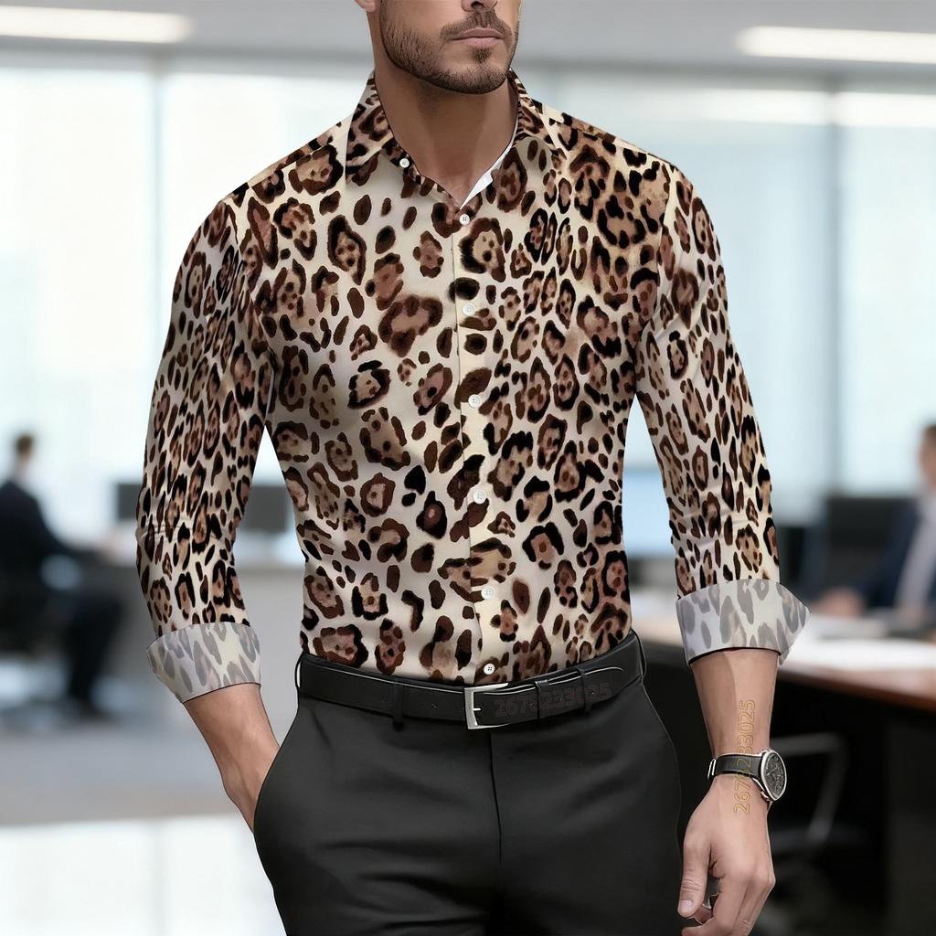 2026 Nuova Camicia da Uomo Personalità Retrò Stampa Leopardata Manica Lunga Business Slim Fit Tendenza Moda Top Casual da Uomo