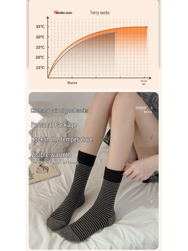 Women's Striped Wool Mid-Calf Socks - Warm and Cold-Resistant for Autumn and Winter
