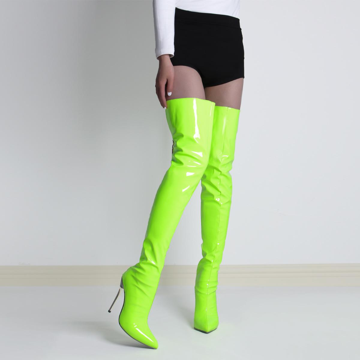 

Sexy knee boots new European and American style pointed patent leather rear zipper metal and stiletto women s boots 34