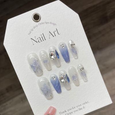 HANDMADE Artificial Nail Blue Blooming Fairy Clear Blue Ins Wind Butterfly Phototherapy Nails Reusable and Removable Nails