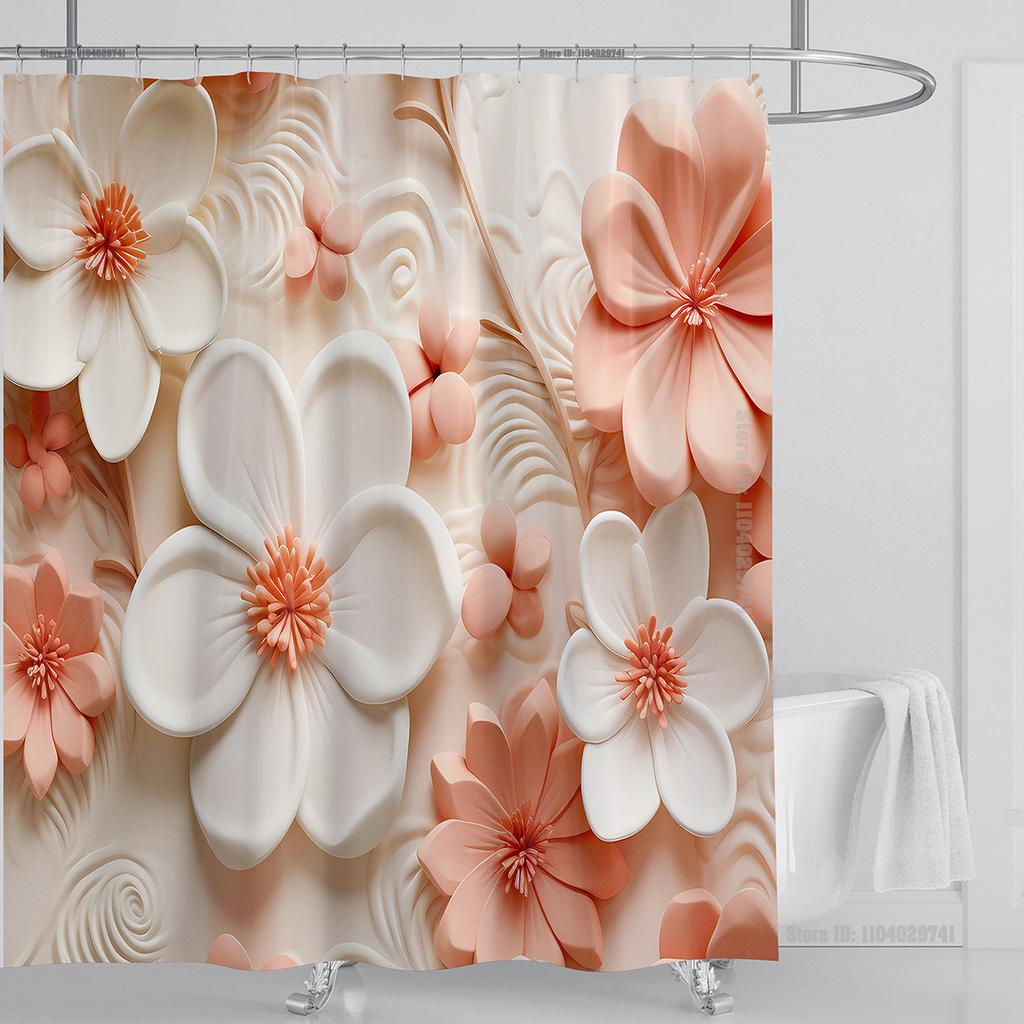3D Floral Shower Curtain Set Orange Flower Design Fabric Bathroom Decor Waterproof Washable Shower Curtain Set with Hooks