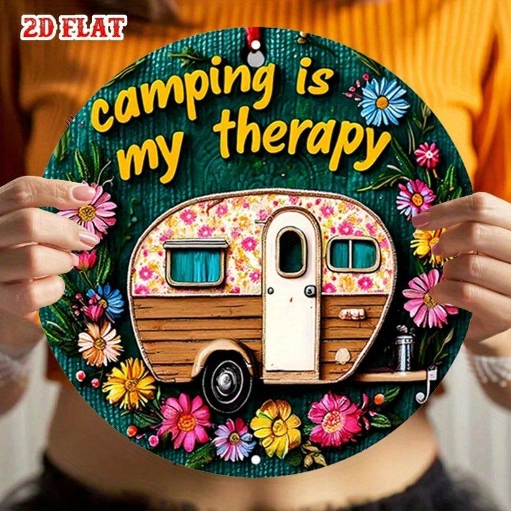 1pc Retro Camper Metal Sign Camping Is My Relaxation Round Wall Art Floral Design Vintage Aluminum Poster Home Living Room Bedroom
