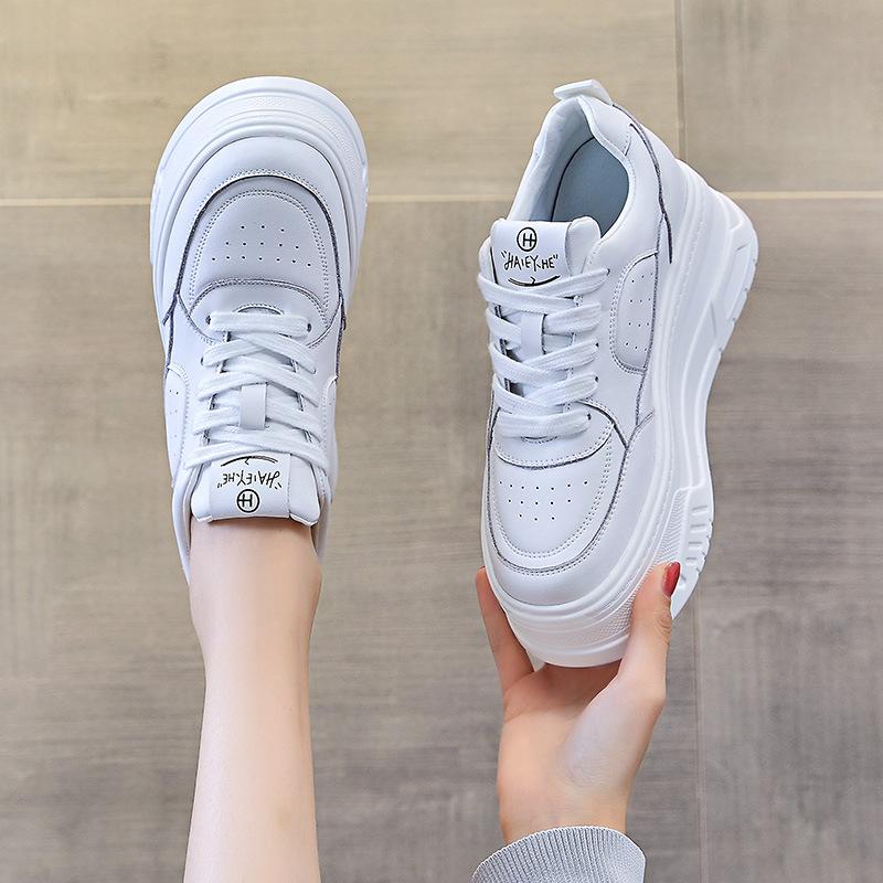 Fashion 6CM Women Shoes Chunky Sneakers Out Genuine Leather Casual White Wedge Shoes Autumn Platform Heel Pumps Mujer Bombas Breathable