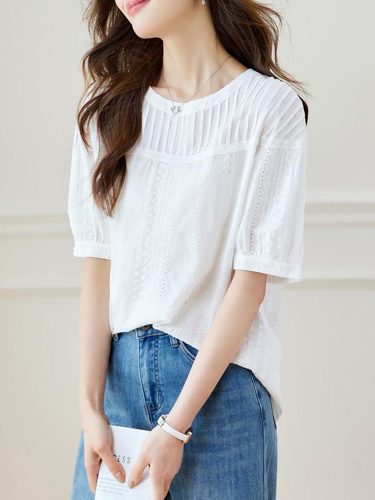 Women's Chic Pleated Short Sleeve Cotton Embroidered Shirt