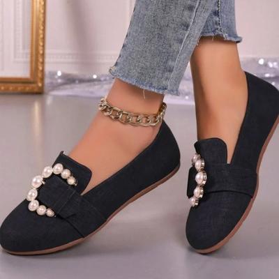 2024 Fashion Shoes for Women Slip On Women's Flats Spring Round Toe Solid Denim Bead Decoration Shallow Mouth Commuting Flats
