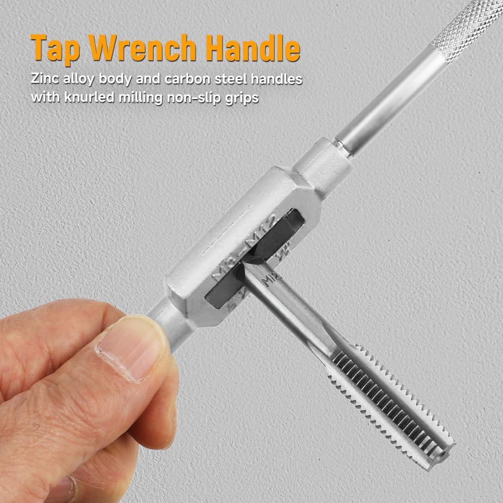 HOTECHE Tap and Die Zinc Alloy Carbon Steel Adjustable Tap Wrench Industrial Threading Tool Set, 8-Piece Set, M3-M12 Sizes, Body, Handle, Included,