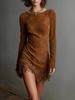 European Retro Women's Tassel Faux Suede Dress - Long Sleeve, Slim Fit, Round Neck.