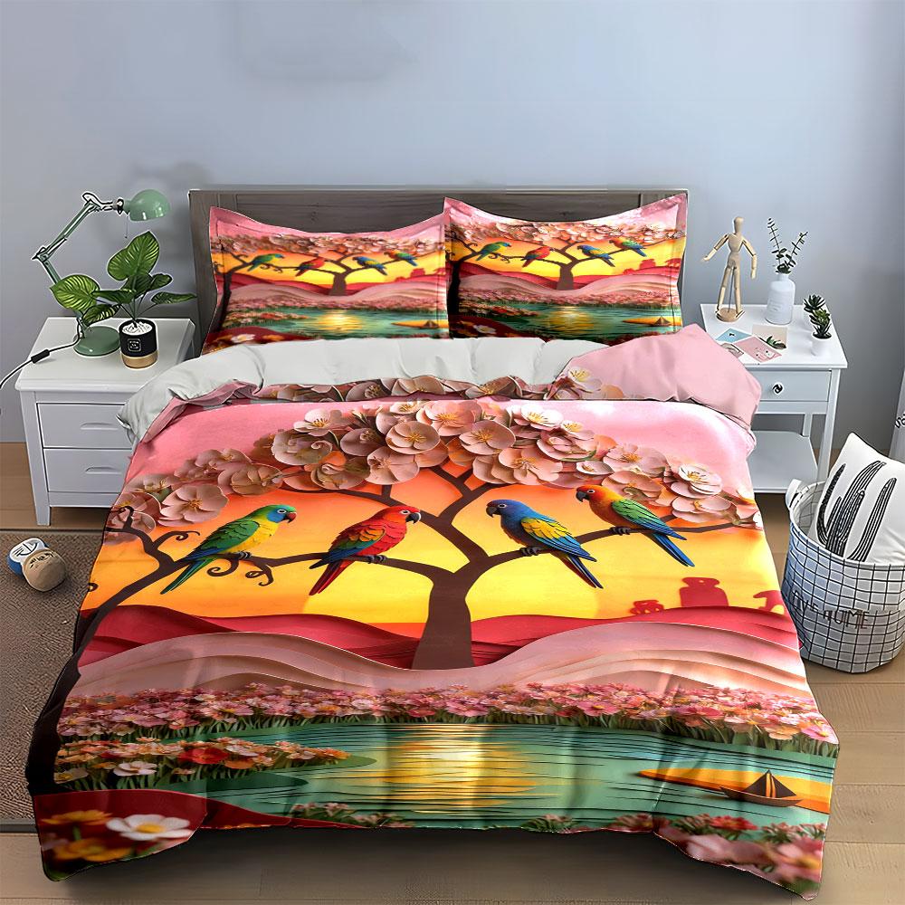 Colorful parrots on trees. Bedding sets Duvet cover sets Duvet covers Pillowcases(1 * Duvet Cover 2 * Pillowcases without duvet insert)