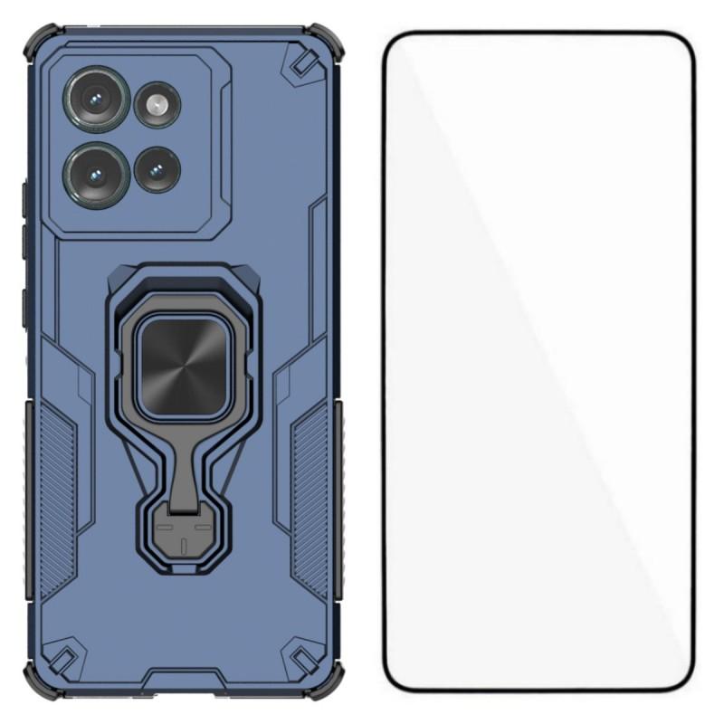 For Motorola Edge 50 5G Phone Case WANLONFENG PC TPU Back Cover Kickstand with Tempered Glass
