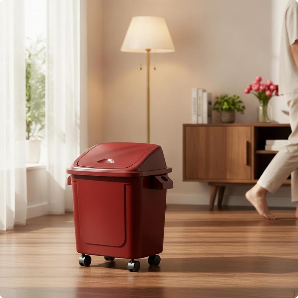 Wheeled Trash Can with Attached Lid Lidded Bin Mobile Garbage for