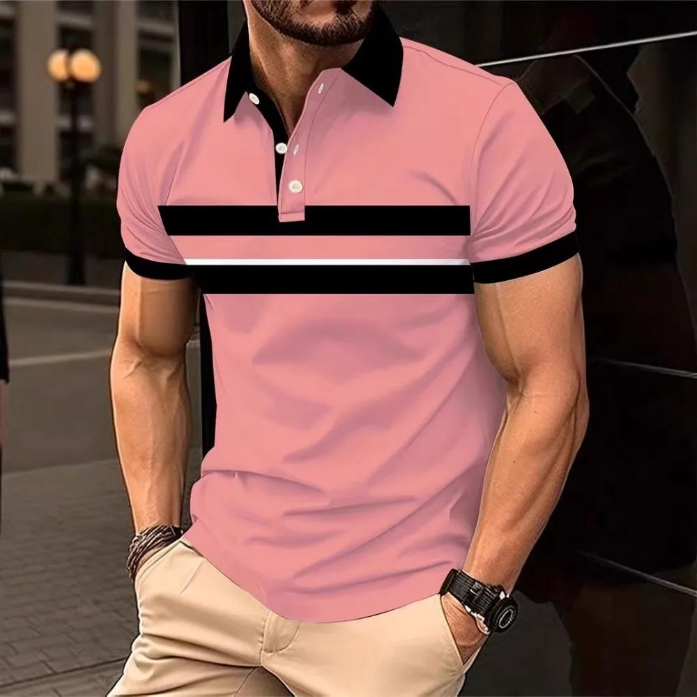 Men's summer short sleeved lapel T-shirt new fashion striped top lapel T-shirt