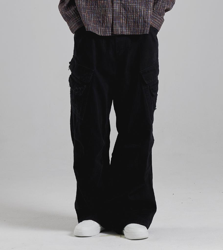 Beoteunseoul Vintage Multi-Pocket Elastic String Cotton Pants (Black)