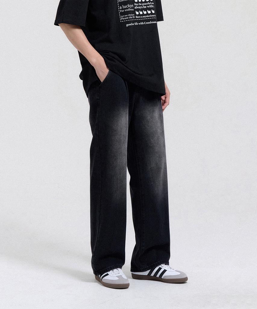 CREEDMENS Lead Half-Banding One-Pleat Semi-Wide Denim Pants (Black)