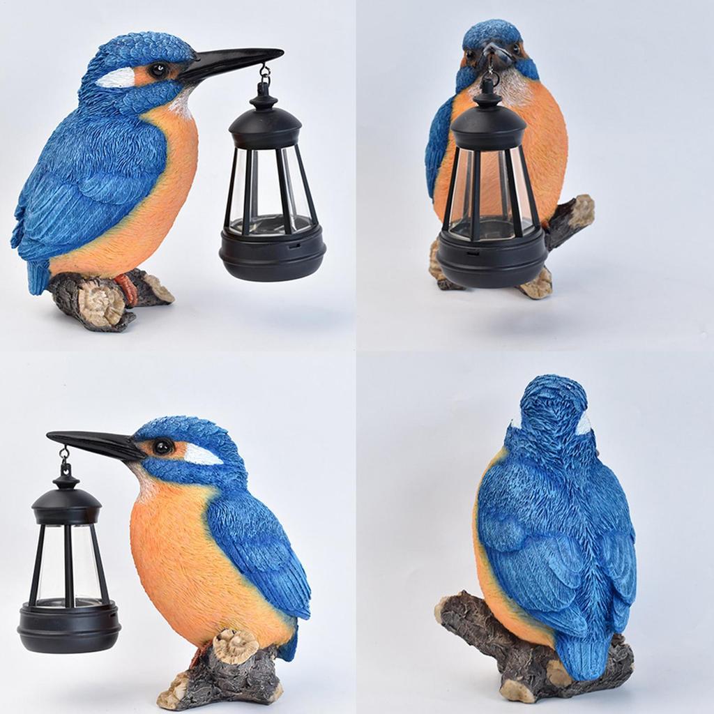 Statues d'oiseaux pour l'extérieur Sculpture de Martin-pêcheur Bleu en Résine avec Lanterne Solaire Figurine d'oiseau d'extérieur Lumineuse pour Patio Pelouse Chemin