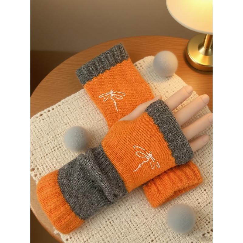 Gants en tricot sans doigts avec broderie de chat et patchwork, Gants décontractés ouverts aux doigts tendance pour femme, Mitaines chaudes d'hiver sans doigts