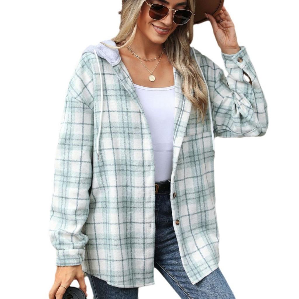 Fall Winter Women's Plaid Color Block Hooded Long Sleeve Loose Wool Coat