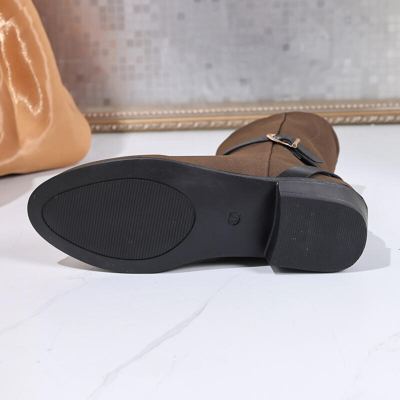 Mode Vintage Braune Western Cowboy Stiefel Damen 2025 Winter Seitenreißverschluss Mittelhoher Absatz Wildleder Stiefeletten Metall Gürtelschnalle Designer Schuhe