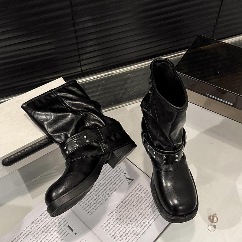 Belt buckle locomotive boots trouser tube short boots women's autumn and winter new thick heel medium tube rivet knight boots Martin boots