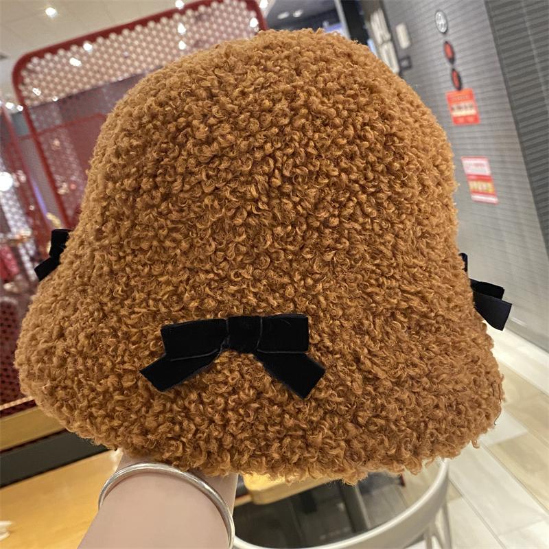 Chapeau de pêcheur en peluche avec nœud pour enfants automne et hiver voyage chaud visage chapeau bob nouveau
