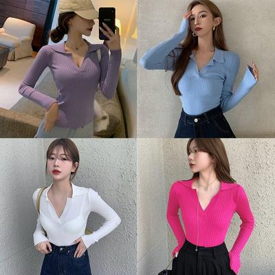 Women\'s Solid Color Lapel  Sexy Tight Casual Knitted Long-Sleeved T Shirt Tops 2020