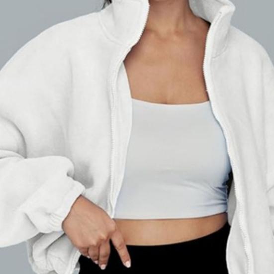 Women's Zip Drawstring Fleece Short Jacket Full Hem Stand Collar Warm