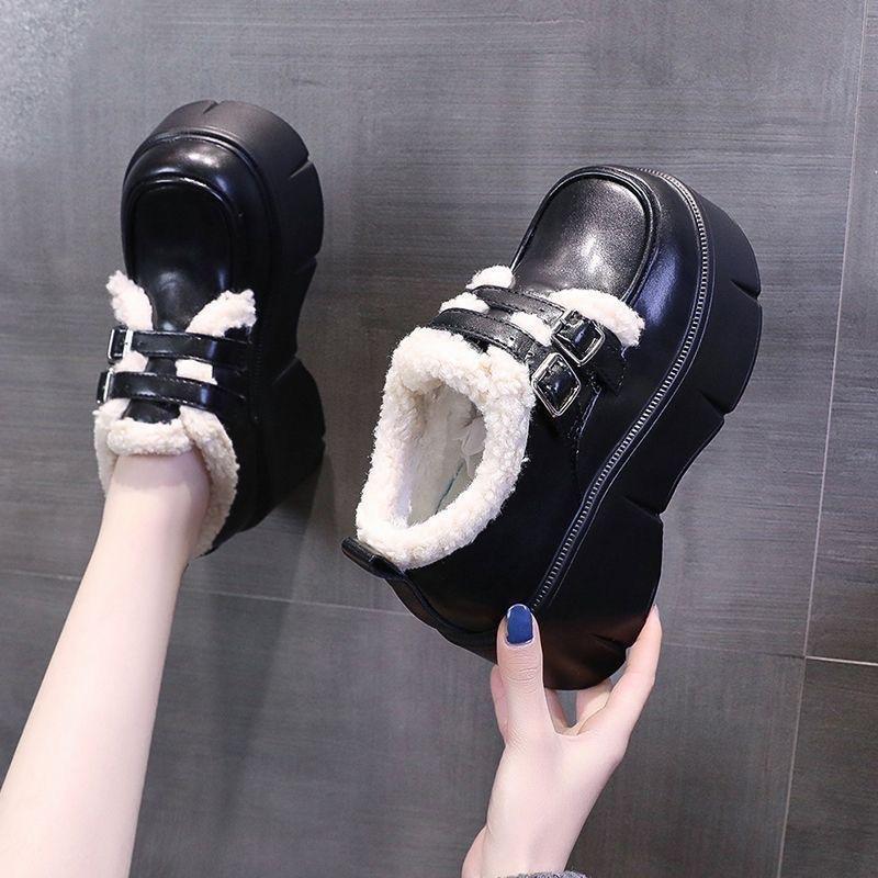 British style heightened platform cotton shoes, piled and thickened warm, small fluffy small leather shoes