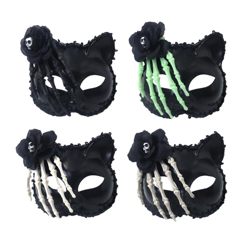 

Set of 4 Rose Hand Bone Mask Cats Face Designs with Elegant Florals Embellishments Fashion Accessory for Party Wear 1