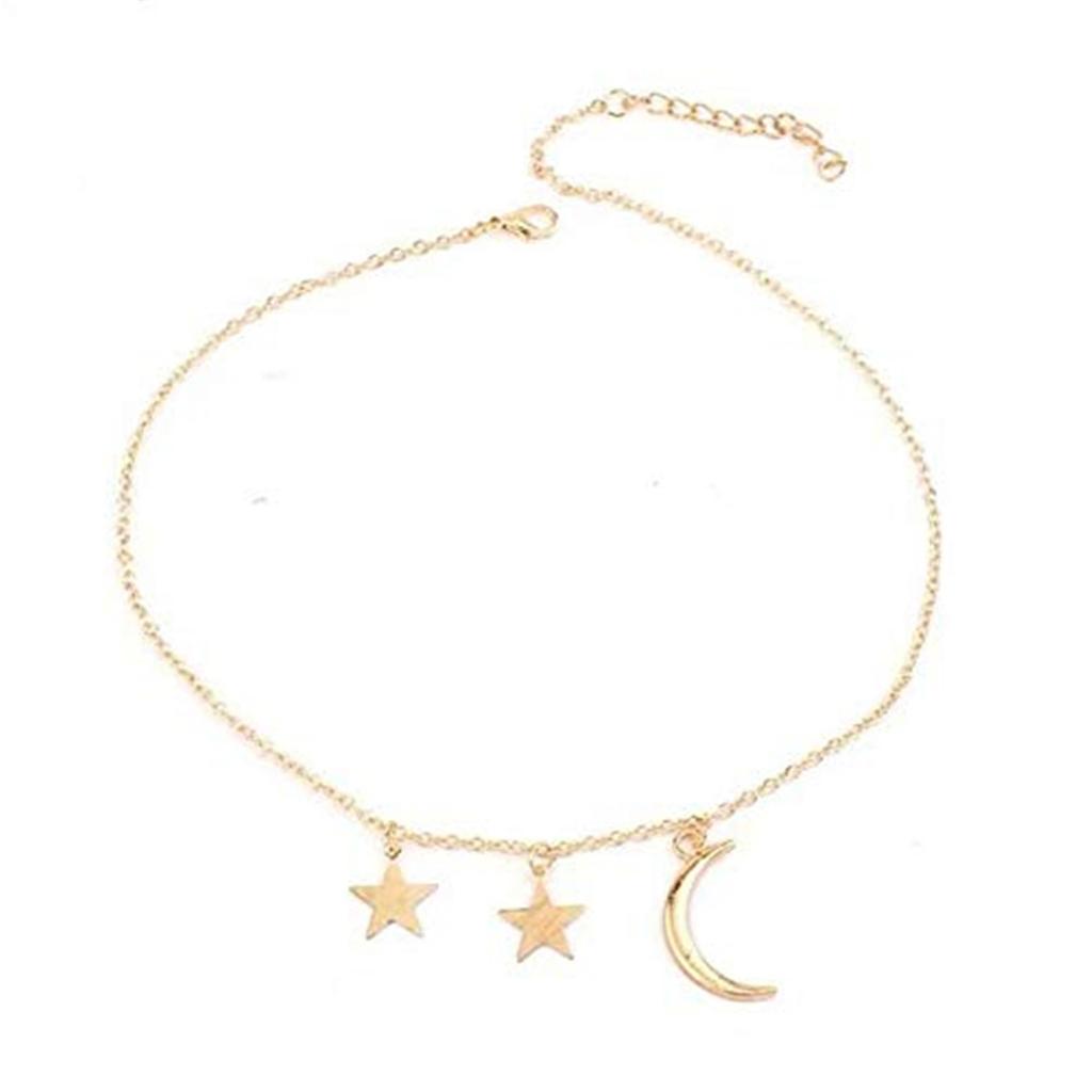 Women's Overlay  Double Layer Moon Star Short Necklace Round Bead Lock Necklace