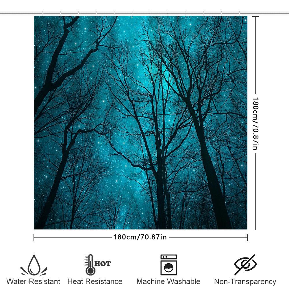 Blå Skog Duschdraperi Skogsnatur Träd Naturskön Bakgrund Turkos Badrumsinredning Vintage Rustik Heminredning Tvättbar Vattentät