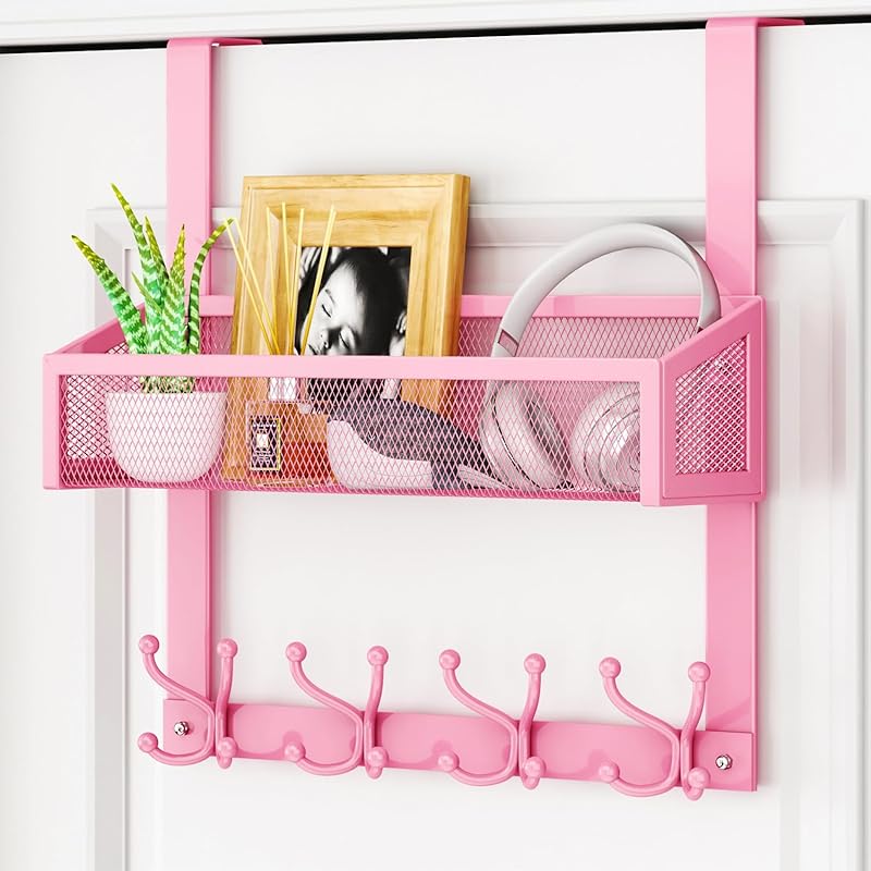 HapiRm Over the Door Hanger with Coat Hooks and 2 Baskets, Rustproof & Waterproof Over the Door Hooks, Storage Organizer for Hats, Bathroom, Kitchen,