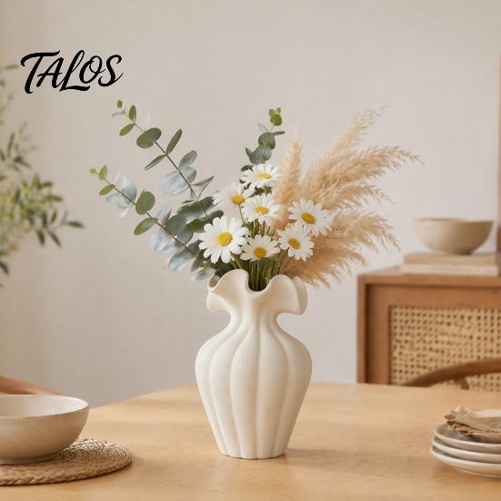Wavy Neck Vase for Dried Flowers Modern Flower Vase, Minimalist Holder, Decorative Ribbed Texture with Unique Dining Table Rim, Ideal Fresh