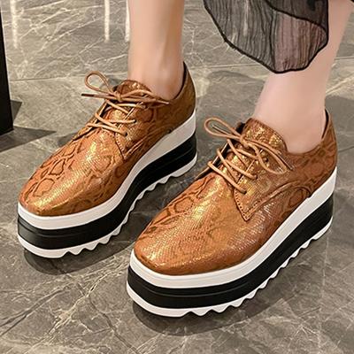 Fashion Rimocy Gold Pu Leather Women's Brogues Winter Slip On Chunky Heel Shoes Lace Up Big Size Square Toe Platform Shoes