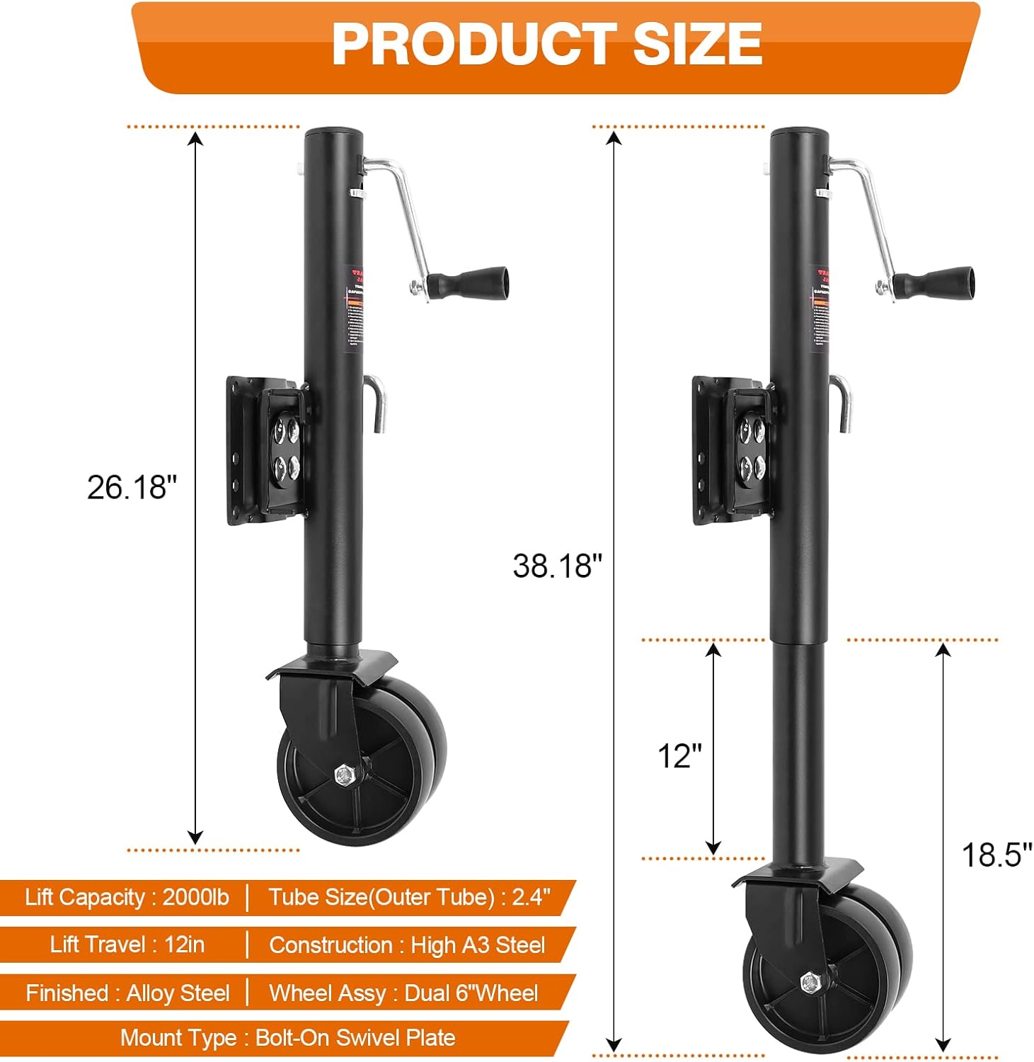 

Trailer Jack,Swivel Boat Trailer Jack with 6 with Dual Wheels Heavy Duty 2000 LBs,12 Lift Bolt 2000LBs